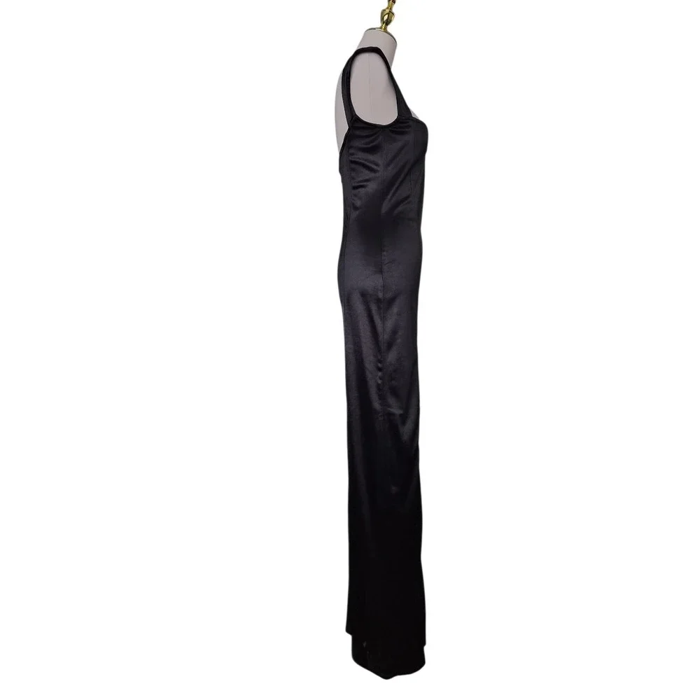 Lucy in the Sky Black Satin Bodycon Maxi Dress Square Neck‎ Cap Sleeve Evening
